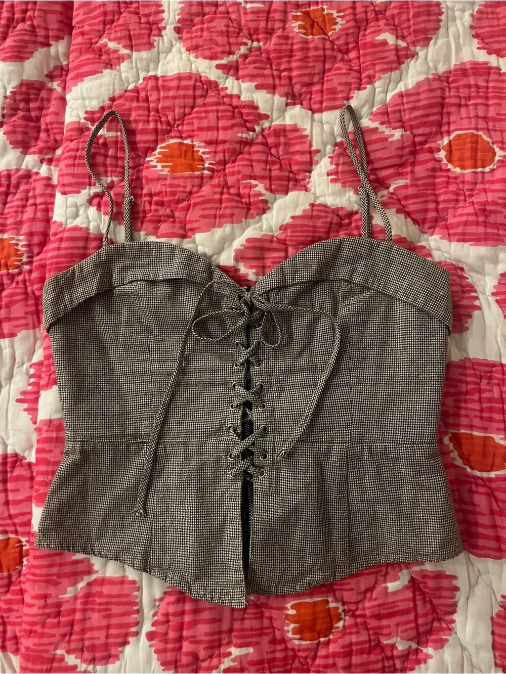 Lace-Up Gingham Bustier Top - Black/White